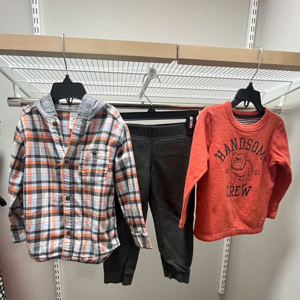 Carter's Plaid Button Down Shirt - Gray and Orange; Pants; Second Shirt